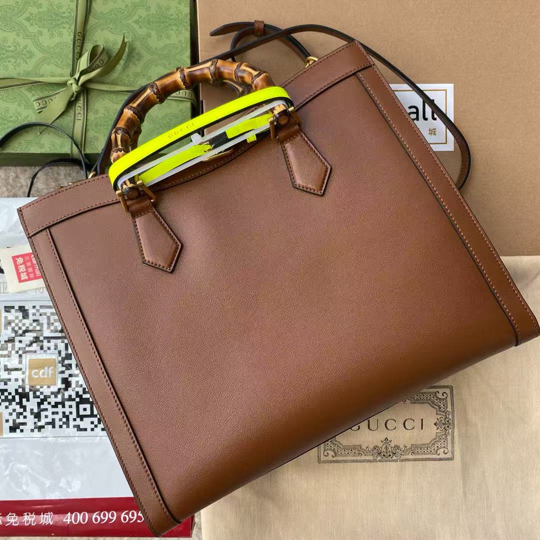 MEDIUM DIANA TOTE BAG 35 IN BROWN LACQUER CALFSKIN BAMBOO HANDLE by House Of Sarah
