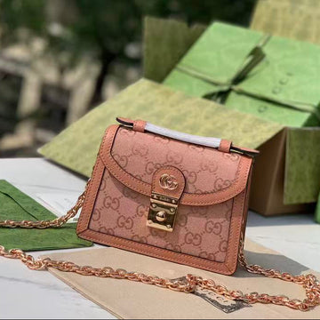 GUCCI OPHIDIA SHOULDER BAG 17 IN PINK CANVAS WITH LEATHER TRIM by House Of Sarah