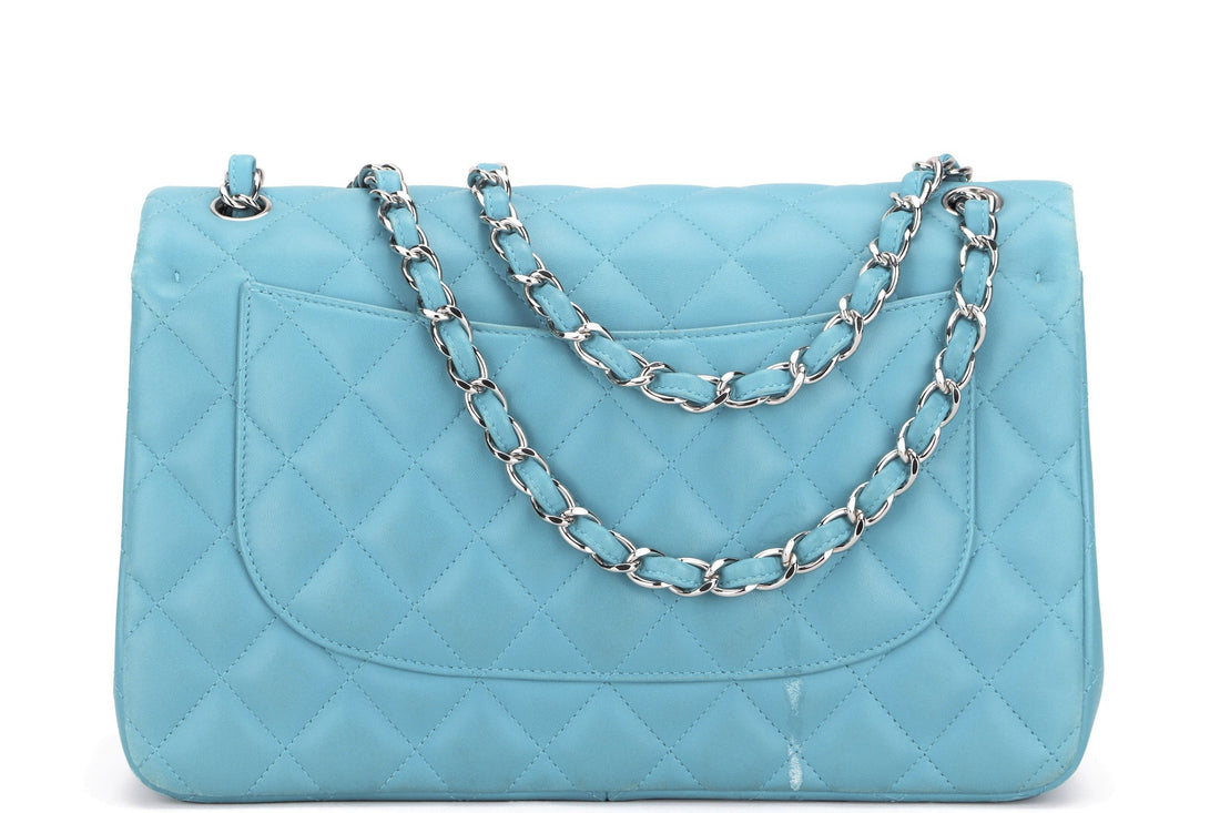 CHANEL CLASSIC FLAP (1943xxxx) JUMBO TURQUOISE COLOR LAMBSKIN SILVER HARDWARE, WITH , NO DUST COVER