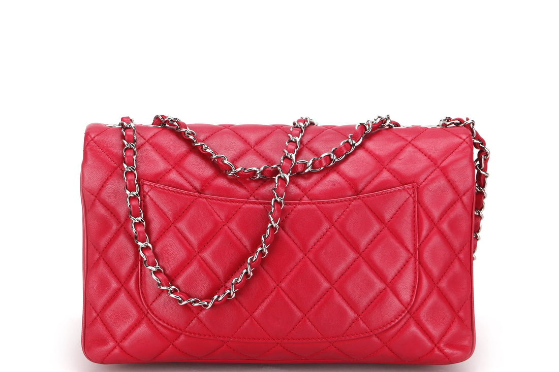 CHANEL CC FLAP (1912xxxx) JUMBO DARK PINK LAMBSKIN SILVER HARDWARE, WITH  & DUST COVER