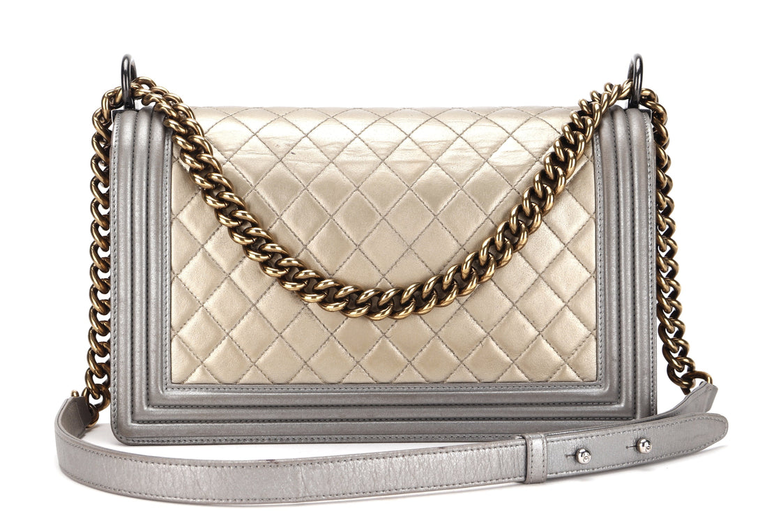 CHANEL LE BOY (1961xxxx) NEW MEDIUM GOLD SILVER METALLIC CALFSKIN RUTHENIUM HARDWARE, WITH , NO DUST COVER