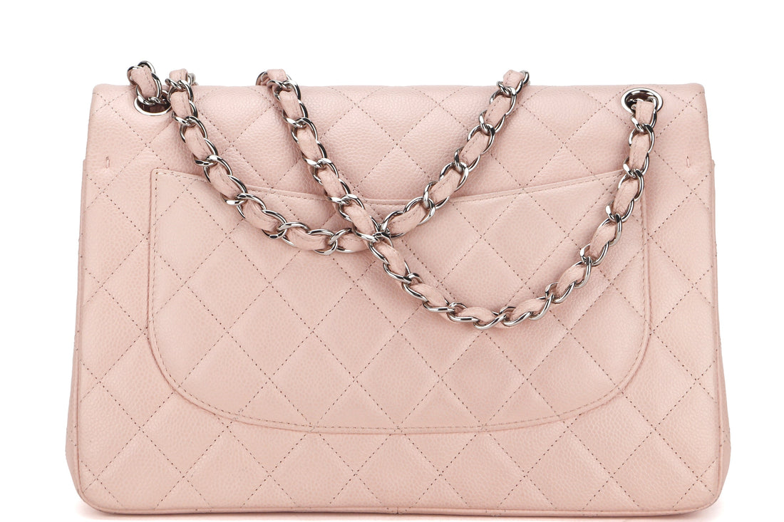 CHANEL DOUBLE FLAP BAG (1893xxxx) JUMBO LIGHT PINK CAVIAR LEATHER SILVER HARDWARE, WITH DUST COVER, NO