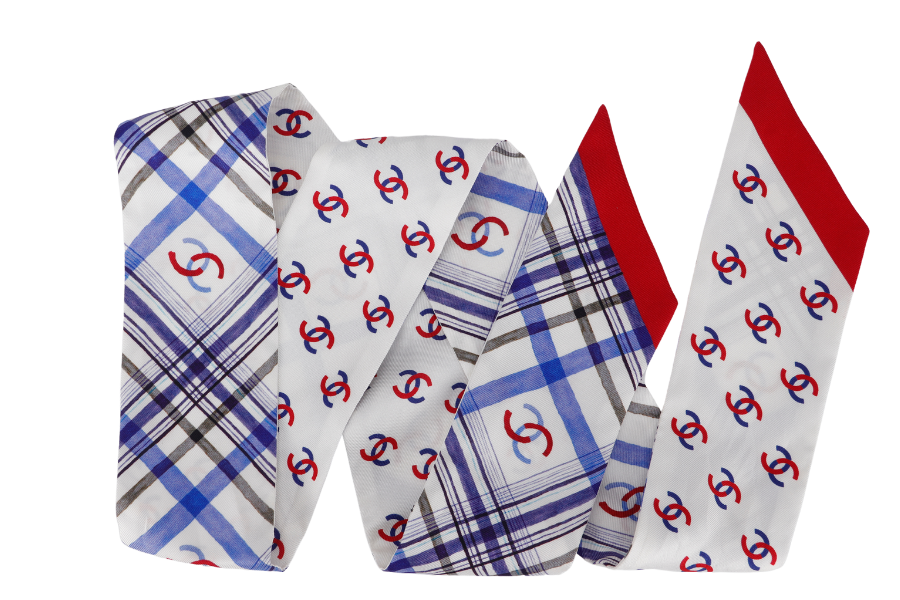 CHANEL TWILLY SCARF BLUE WHITE SILK WITH BOX