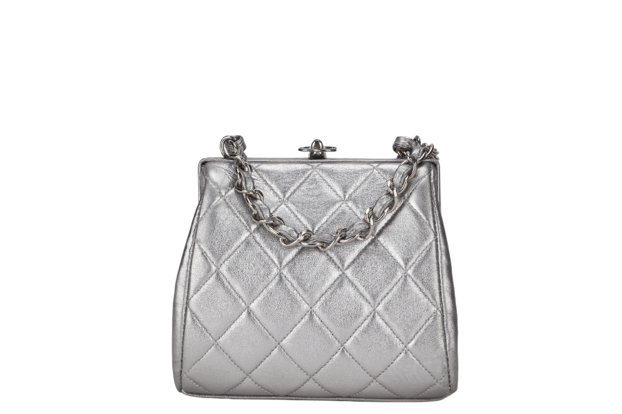 CHANEL   TIMELESS FRAME BAG MINI QUILTED SILVER METALLIC LAMBSKIN SILVER HARDWARE (458xxxx)