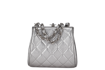CHANEL   TIMELESS FRAME BAG MINI QUILTED SILVER METALLIC LAMBSKIN SILVER HARDWARE (458xxxx)