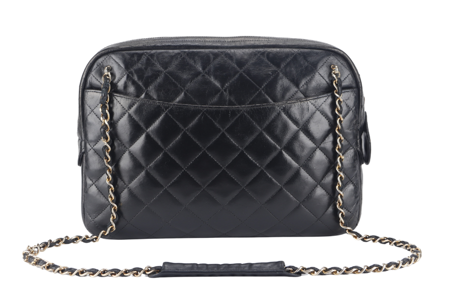 CHANEL   CAMERA BAG (117xxxx) MEDIUM BLACK LAMBSKIN QUILTED GOLD HARDWARE NO DUST COVER