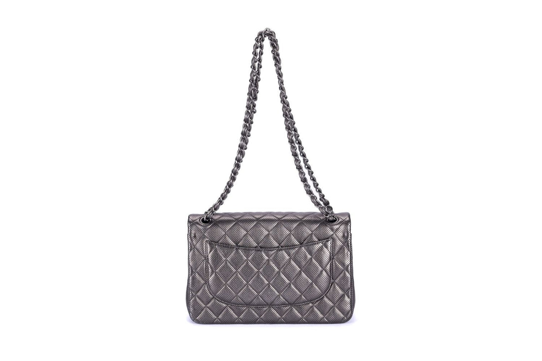 Chanel Classic Flap (2063xxxx) Jumbo Dark Metallic Silver Perforated Lambskin with  & Dust Cover
