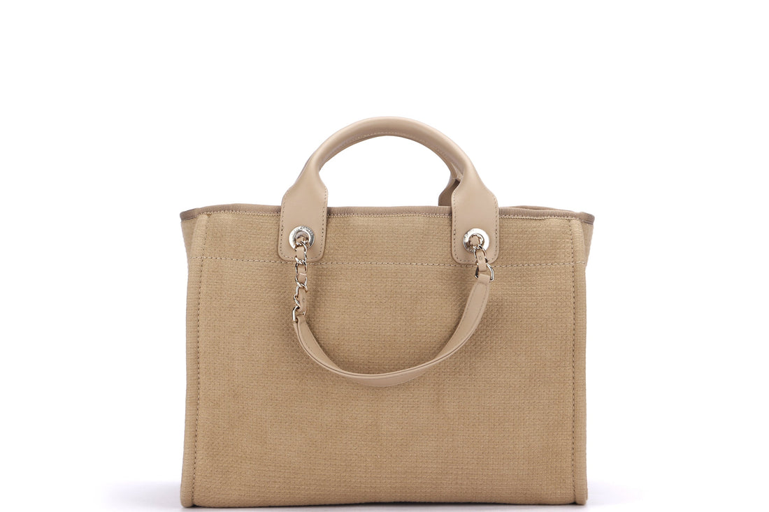CHANEL AS3351 DEAUVILLE (PLU2xxxx) MM SIZE, KHAKI BEIGE COLOR, CANVAS & LIGHT GOLD CHAIN, WITH DUST COVER & BOX