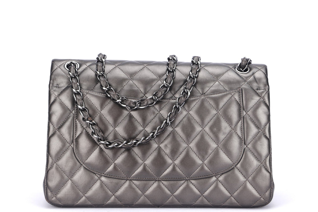 Chanel Classic Flap (1879xxxx) Jumbo Size, Metallic Grey Lambskin, Silver Hardware, with Dust Cover & Box, no