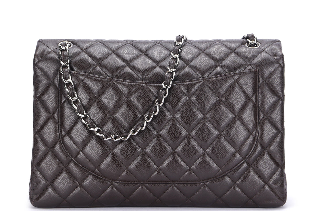 CHANEL CLASSIC FLAP MAXI SINGLE FLAP (1401xxxx) BROWN CAVIAR LEATHER, SILVER HARDWARE, WITH , DUST COVER & BOX