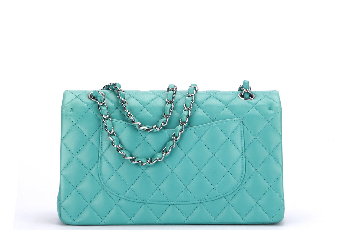 CHANEL CLASSIC DOUBLE FLAP (1641xxxx) MEDIUM GREEN LAMBSKIN LEATHER, SILVER CHAIN, WITH , DUST COVER & BOX