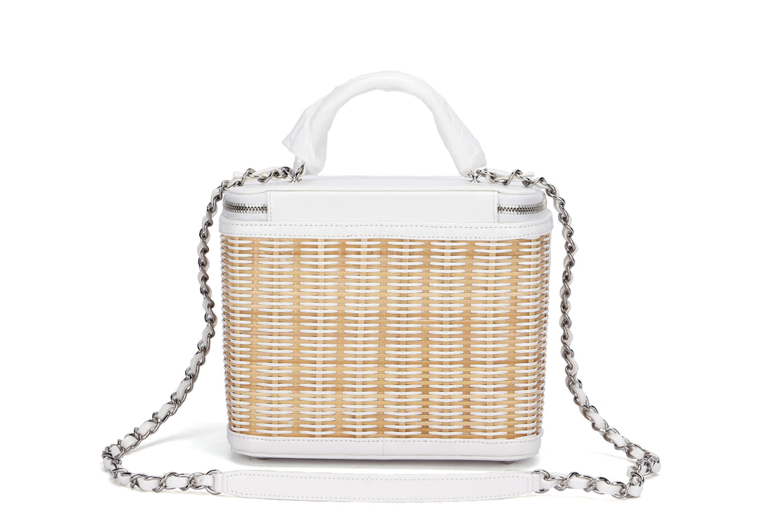 CHANEL VANITY CASE (2918xxxx) SMALL SIZE, WHITE LEATHER & RATTAN, SILVER HARDWARE, WITH , DUST COVER & BOX