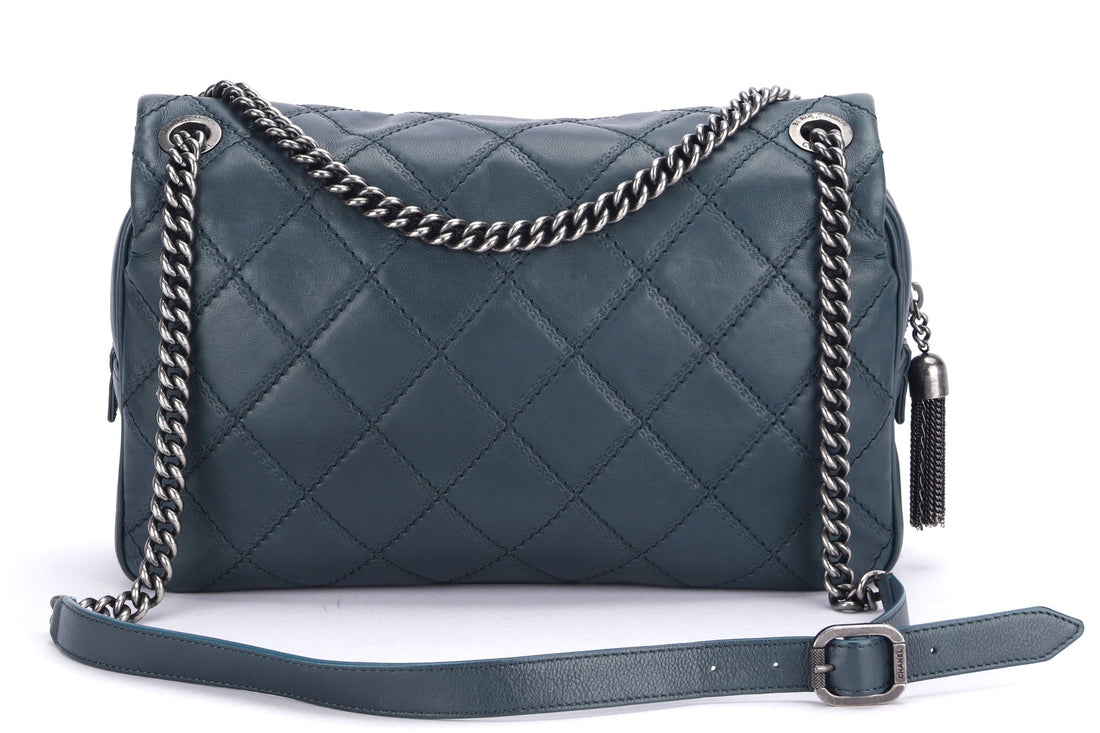 CHANEL COCO SPORRAN FLAP (1818xxxx) JUMBO DARK GREEN QUILTED CALFSKIN RUTHENLUM HARDWARE, WITH DUST COVER & BOX, NO