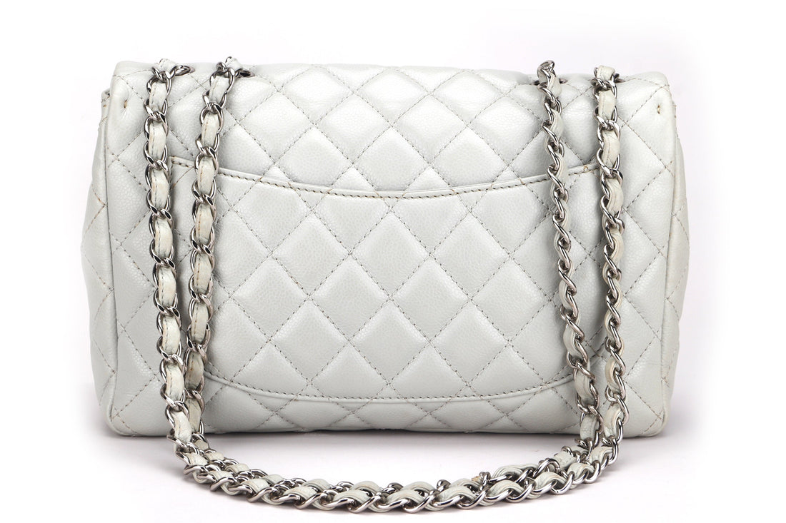 CHANEL CLASSIC SINGLE FLAP BAG (1282xxxx) JUMBO LIGHT MINT GREEN COLOR CAVIAR LEATHER, SILVER HARDWARE, WITH  & DUST COVER