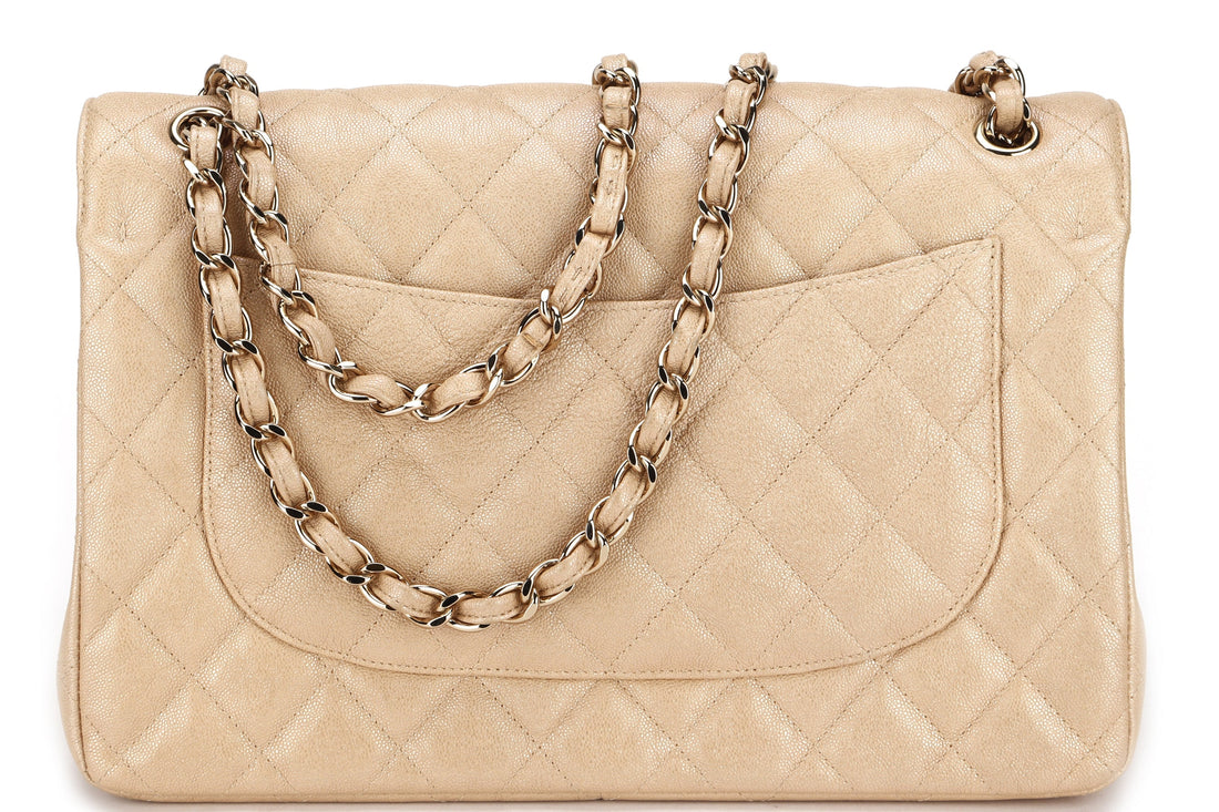 CHANEL CLASSIC FLAP JUMBO (2797xxxx) SHINY BEIGE CAVIAR LEATHER GOLD HARDWARE, WITH , DUST COVER & BOX