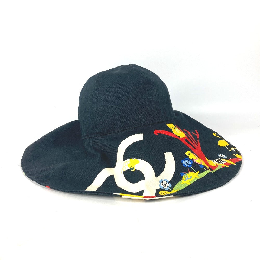 CHANEL hat cotton black   Wide Brim All-over pattern CC COCO Mark Flower Floral Owl 57