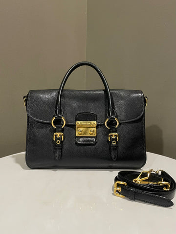 Miu Miu Lock Satchel Flap Bag Black Madras