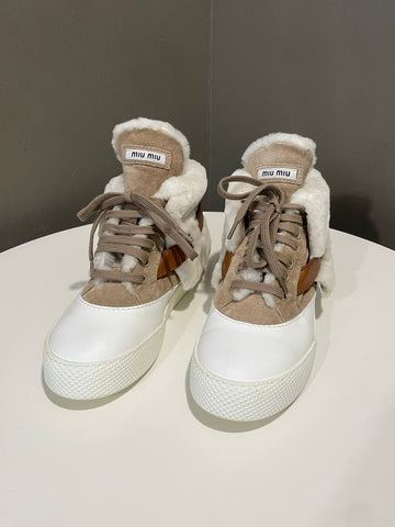 Miu Miu Shearling Sneakers White / Taupe Beige Size 36
