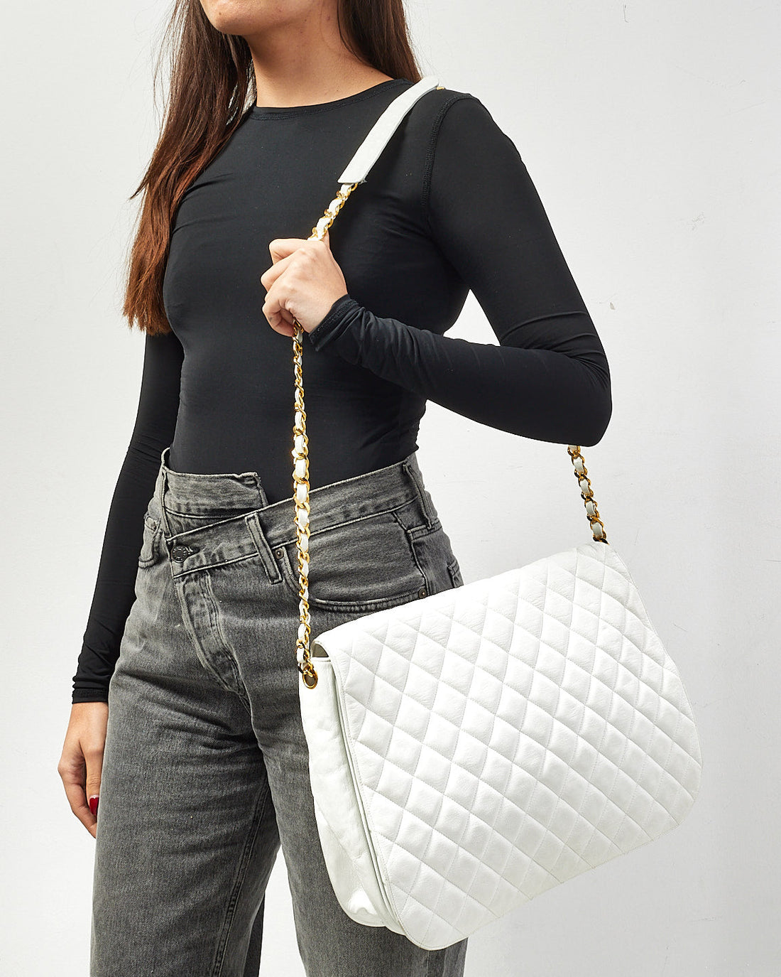 Chanel   White Quilted Leather Large Flap Logo Messenger Bag
