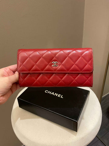 Chanel Quilted Long Flap Wallet Red Lambskin