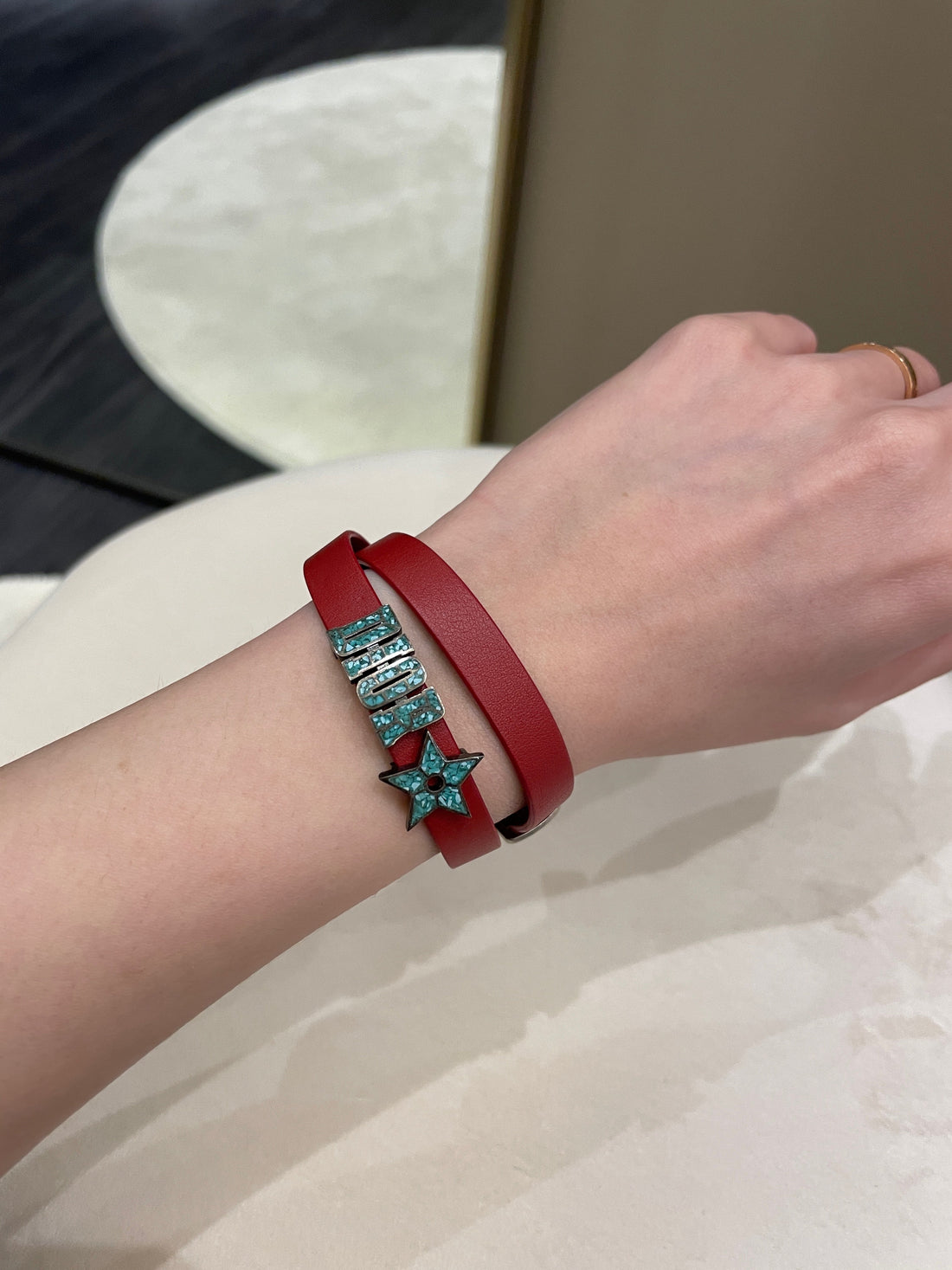 Dior Star Leather Choker Dark Red / Aqua Pebble Stones