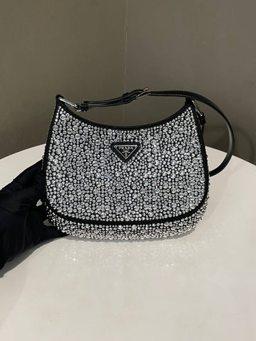 Prada Cleo Crystal Satin Bag Black Crystal