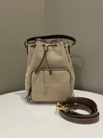 Prada Drawstring Bucket Shoulder Bag  Brown / Khaki / Jacquard