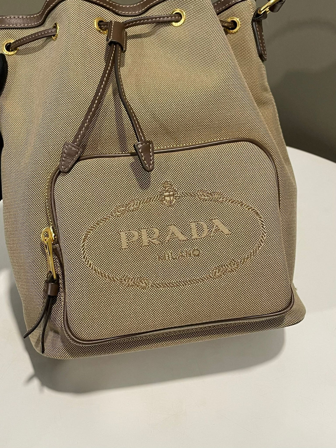 Prada Drawstring Bucket Shoulder Bag  Brown / Khaki / Jacquard