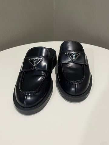 Prada Logo Mules Black Leather Size 35.5