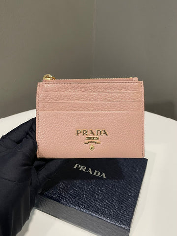 Prada Vitello Zip Card Holder Beige Grainy Leather