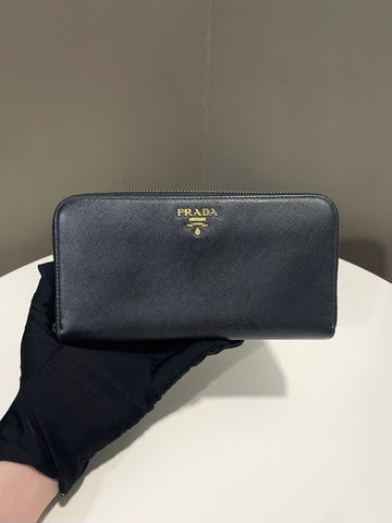 Prada Zip Around Long Wallet Black Saffiano