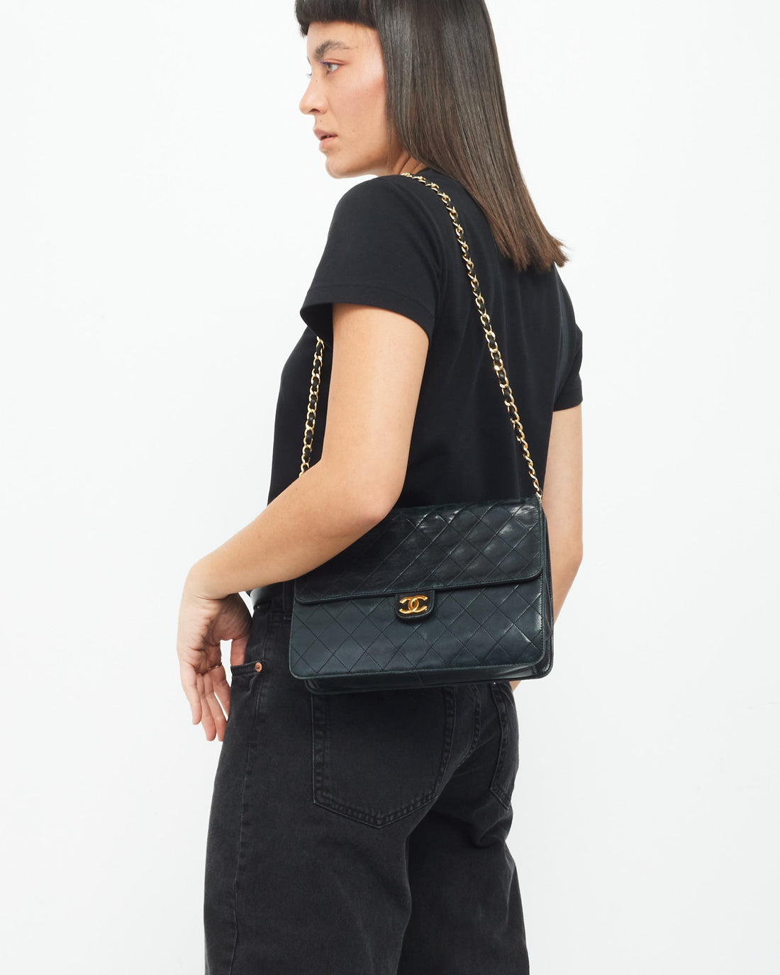 Chanel   Black Quilted Lambskin Leather Single Flap Bag
