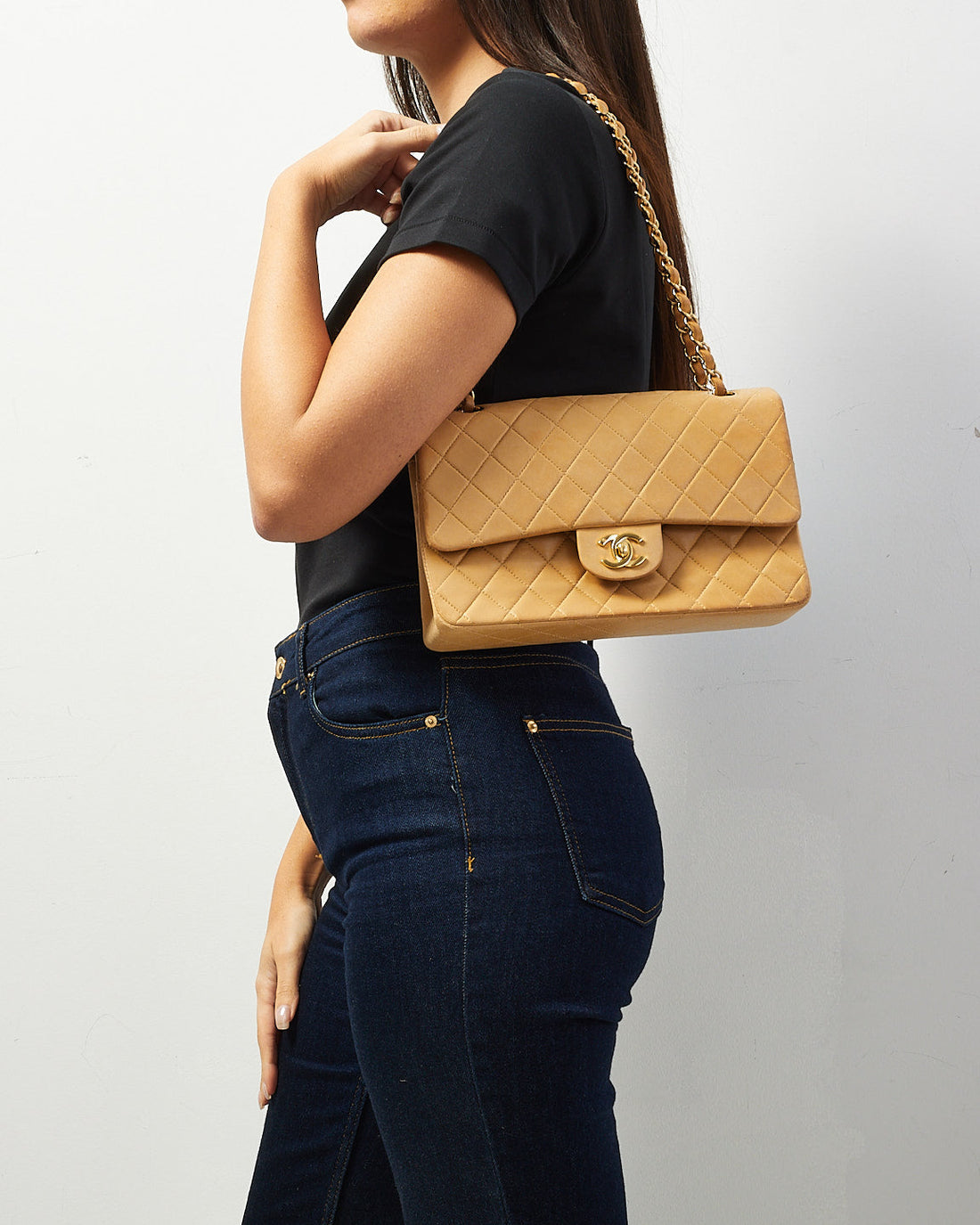 Chanel   Beige Lambskin Medium Double Flap Bag GHW
