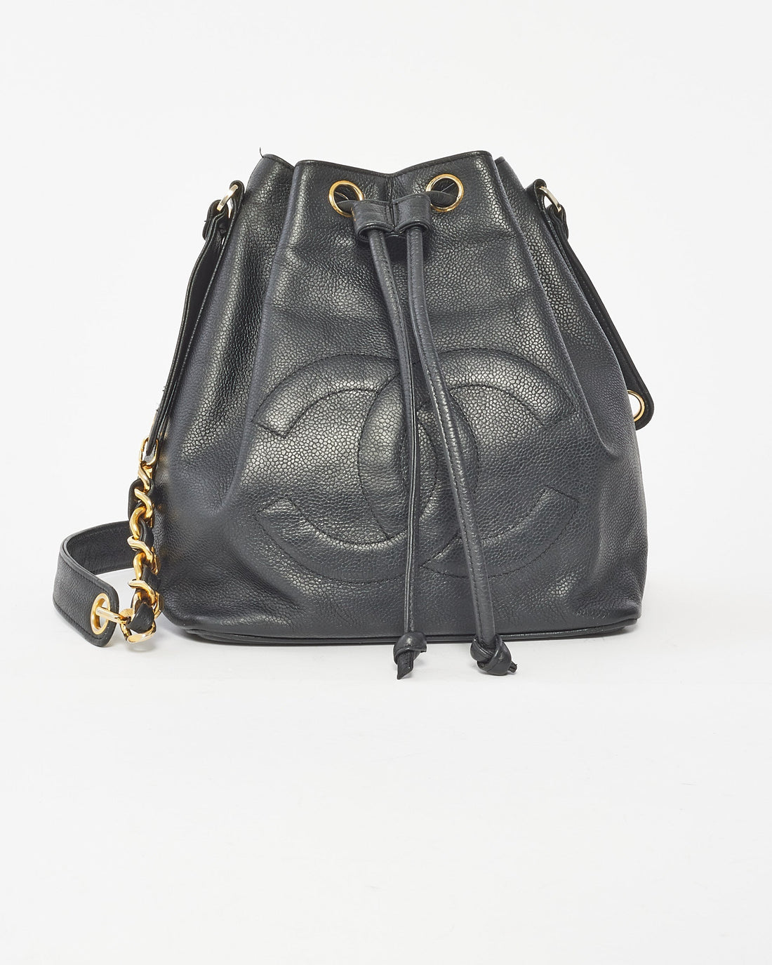 Chanel Black Leather CC Logo Drawstring Bucket Bag