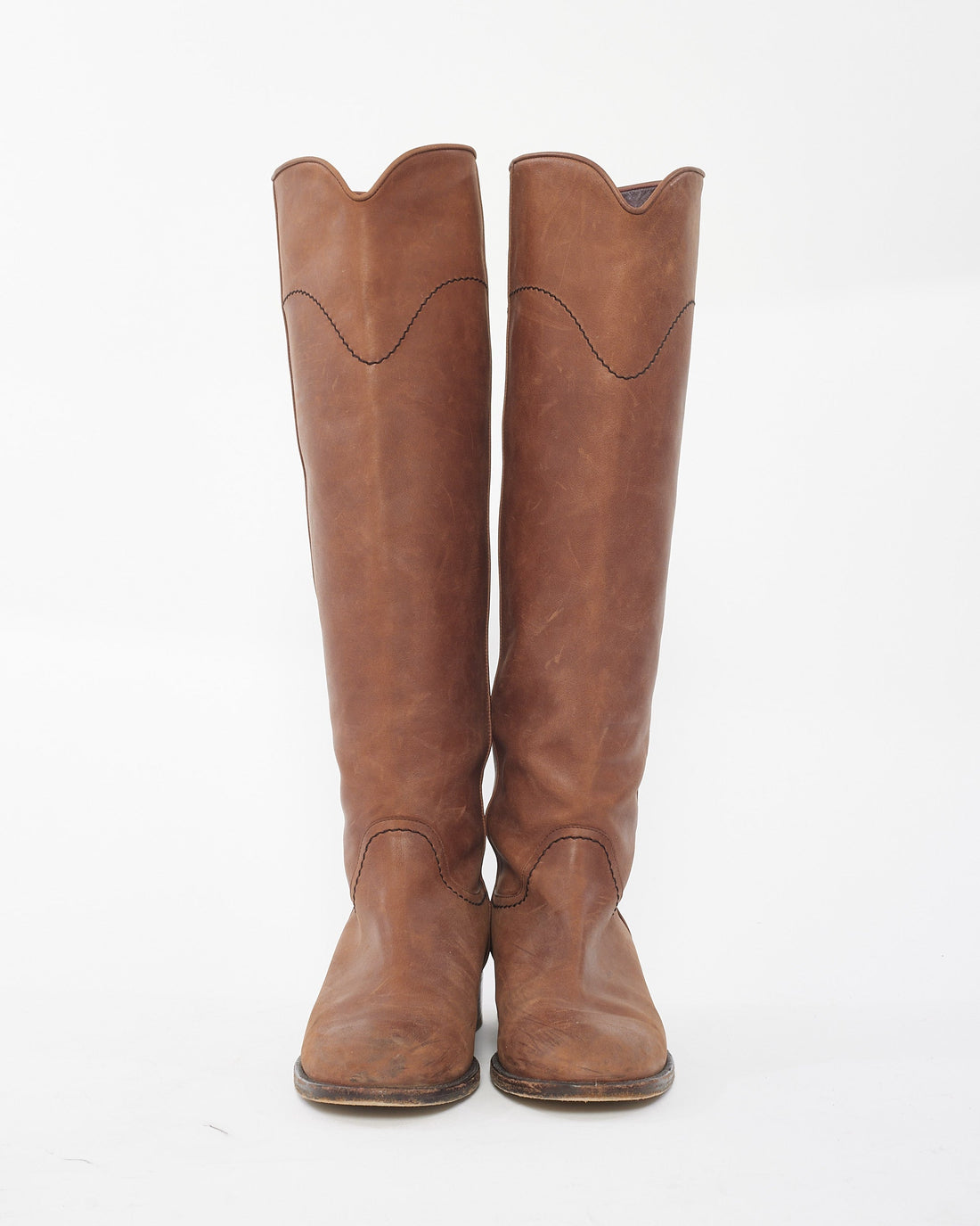 Chanel Camel Leather Knee High Logo Boots - 37