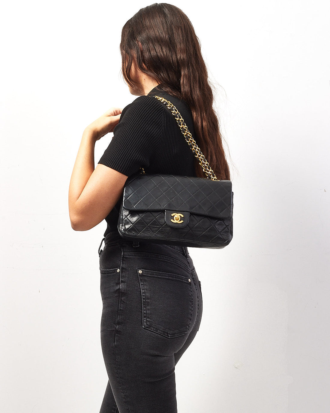 Chanel   Black Lambskin Leather Classic Medium Double Flap Bag with GHW