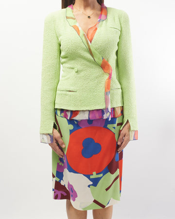 Chanel   Lime Green Tweed Blazer & Multicolor Flower Skirt Suit Set - 34