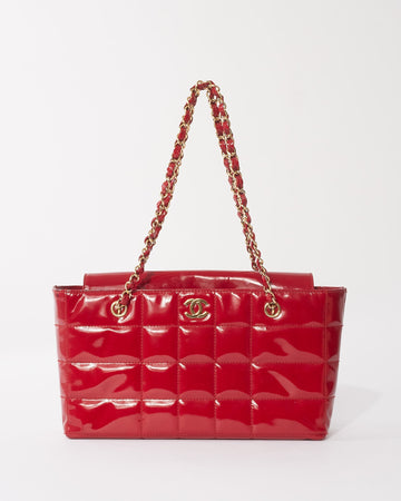 Chanel   Red Patent Leather "Chocolate Bar" Tote Bag