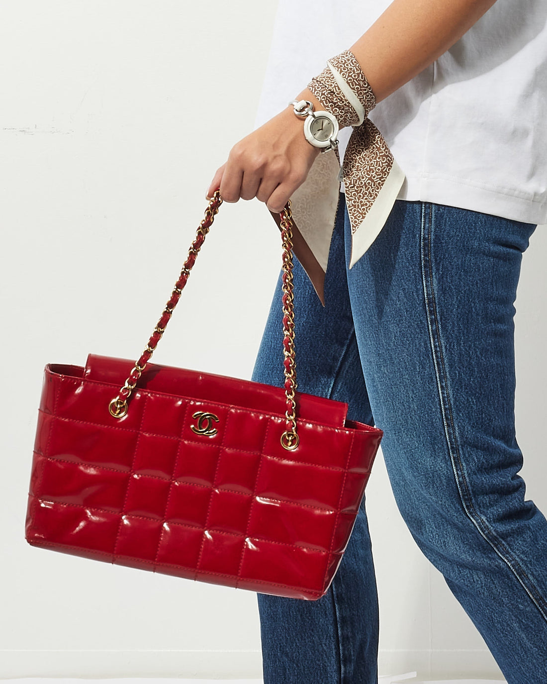 Chanel   Red Patent Leather "Chocolate Bar" Tote Bag