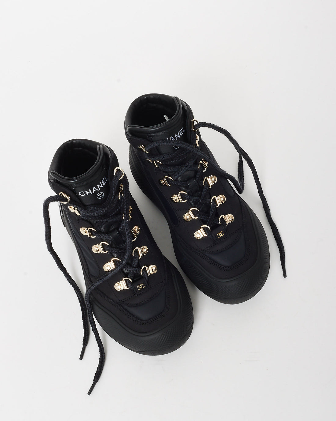 Chanel Black Nylon CC Lace Up Ankle Snow Boots - 36