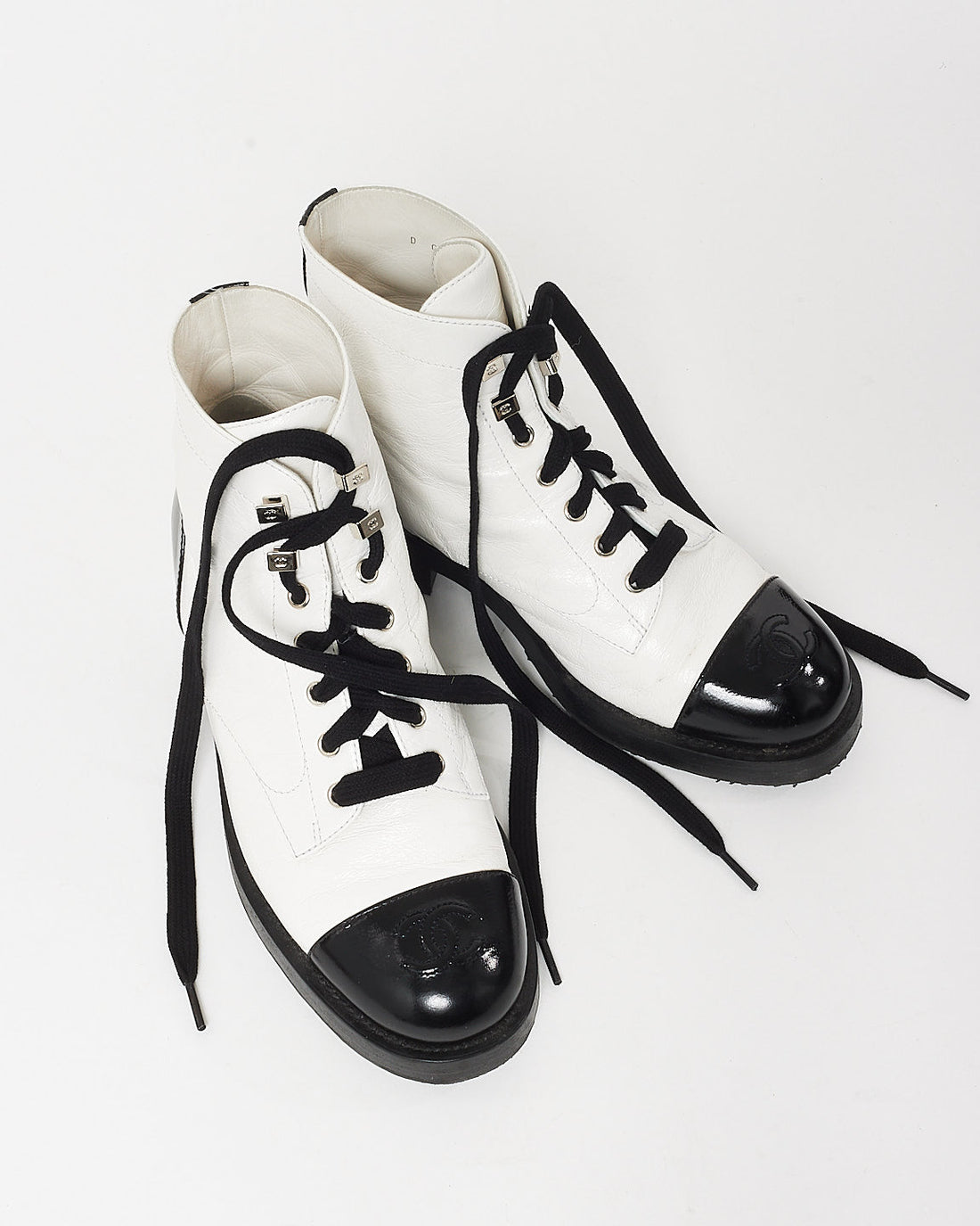 Chanel White Leather & Black Cap Toe Combat Boots - 37.5