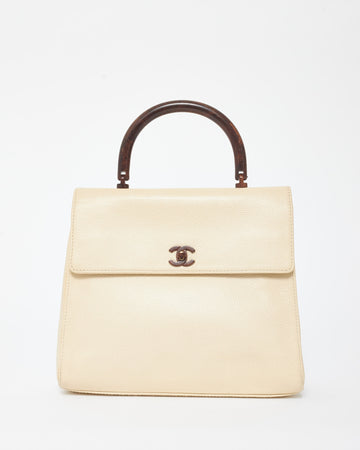 Chanel   Cream Caviar Leather & Wood Kelly Bag