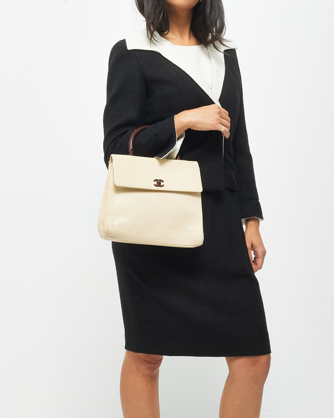 Chanel   Cream Caviar Leather & Wood Kelly Bag