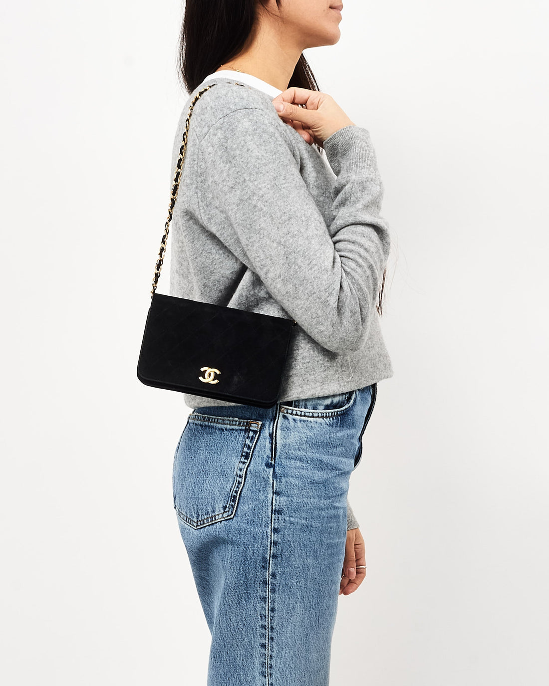 Chanel   Black Suede Wallet on Chain GHW Crossbody Bag