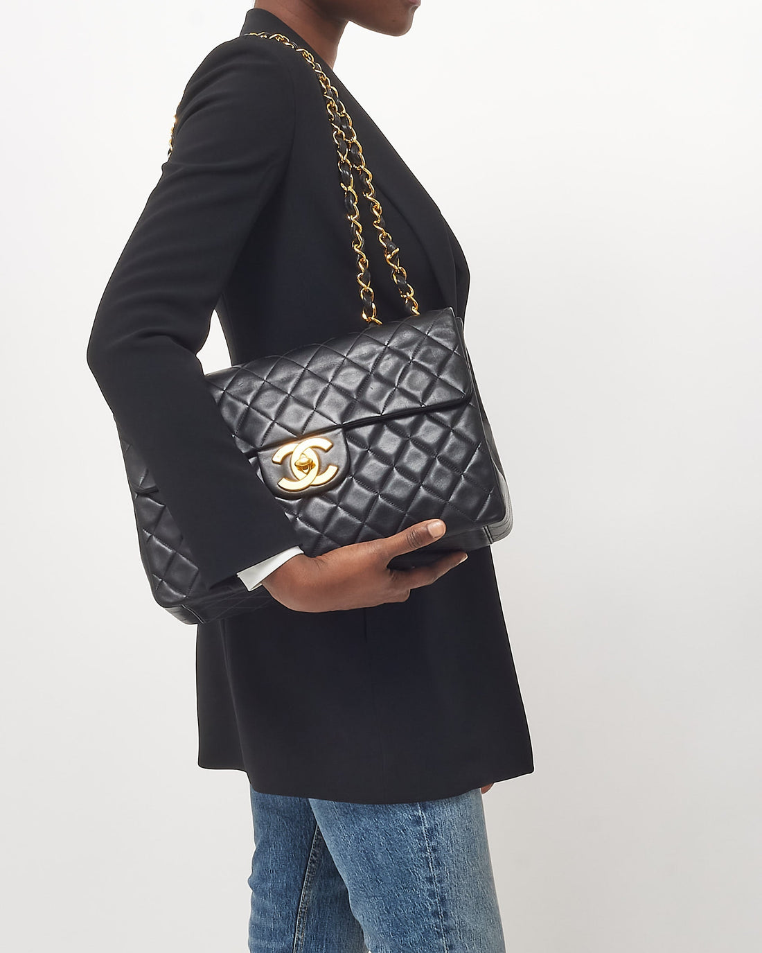 Chanel   Black Lambskin Quilted Leather 24k Gold XL CC Maxi Flap Bag
