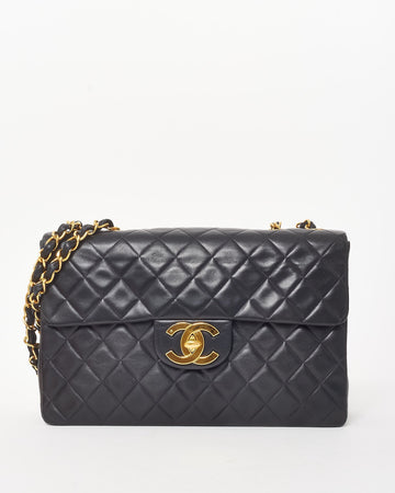 Chanel   Black Lambskin Quilted Leather 24k Gold XL CC Maxi Flap Bag