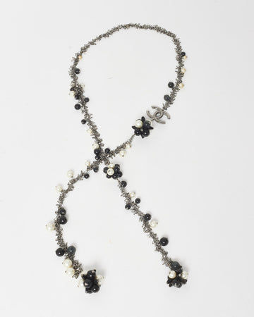 Chanel Black & White Faux Pearl Silver-Toned Chain Flower CC Logo Long Necklace