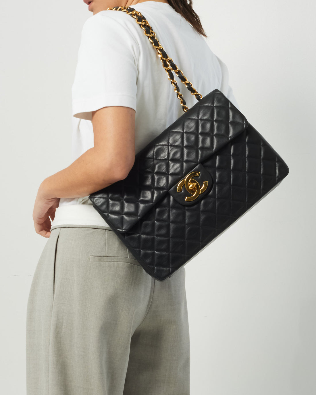 Chanel   Black Lambskin Single Flap Maxi Bag XL GHW