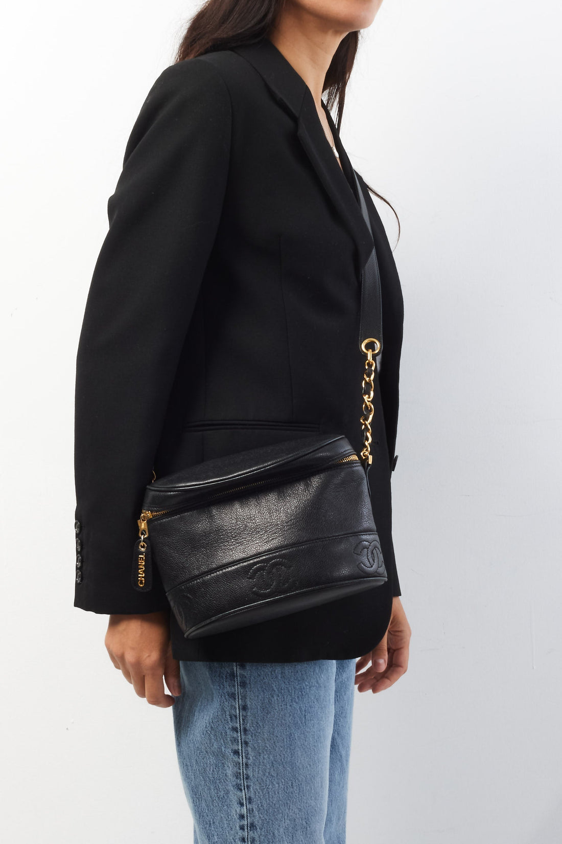 Chanel   Black Leather Embossed Logo Crossbody Bag