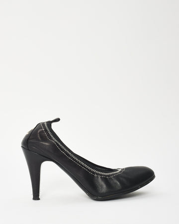 Chanel   Black Leather White CC Logo Elastic Pumps - 39